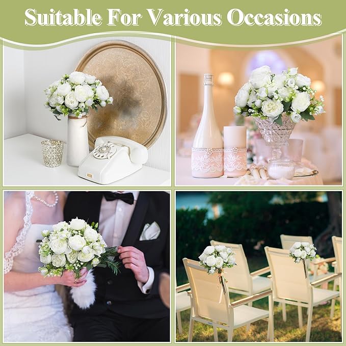 Crowye 8 Bundles Artificial Peonies Realistic Flowers with Stems Bouquet Peonies for Table Centerpieces Wedding Decoration Bridal Floral Arrangement (White)