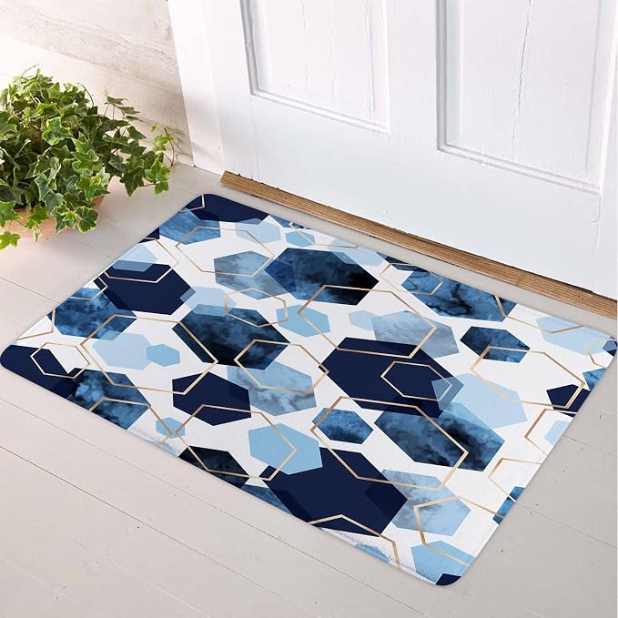 LB Navy Blue Marble Bath Mat Abstract Geometric Floor Rug for Bathroom Gold Honeycomb Hexagon Doormat Non Slip Memory Foam Absorbent Living Room Bedroom Door Front Area Rugs,24Wx16H inch