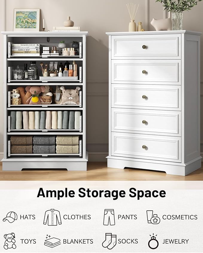 White Dresser for Bedroom, 44" Tall 5 Drawer Dresser, Wooden Chest of Drawers with Large Storage, Vertical Dressers for Closet, Living Room, Hallway