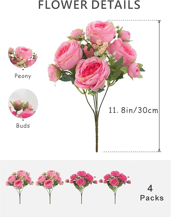4 Bunches Peonies Artificial Flowers, Silk Peonies Flowers Fake Bouquet Faux Floral Arrangements for Centerpiece Table Wedding Party Home Decor (4, Rose Red & Pink)