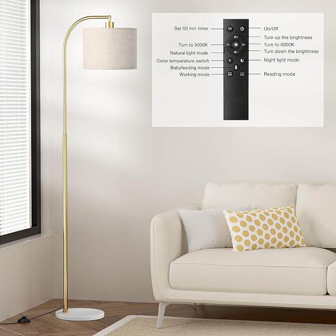 Ambimall Arc Floor Lamp with Remote and Stepless Dimmable Bulb, Colors Temperature & Brightness Adjustable, Gold Pole & Marble Base