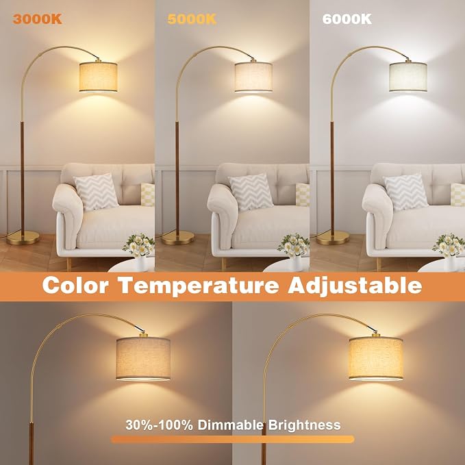 Ambimall Dimmable Arc Floor Lamp with Remote, Color Temperatures and Brightness Adjustable, Arched Floor Lamp with Rotating Head, Over Couch Arched Reading Light for Living Room (Gold and Wood Grain)