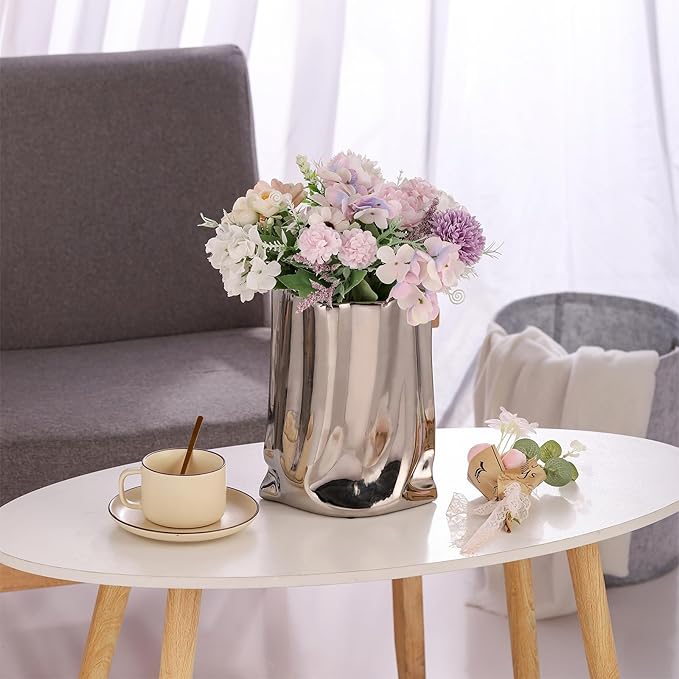 VanEnjoy Large Silver Vase - Wide Mouth, Ceramic Silver Vases for Home Decor