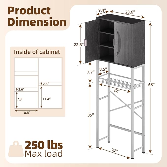 Kalrin Over The Toilet Storage Cabinet with Fluted Wave Doors and Adjustable Shelf, Wood Over Toilet Storage Rack with Drain Basket, Freestanding Bathroom Organizer for Balcony Laundry, Black & White