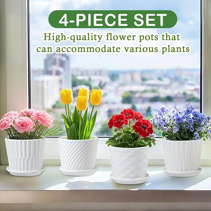 sietpoek Plant Pots - 5.5 Inch Cylinder Ceramic Planters with Connected Saucer, Pots for Succuelnt and Little Snake Plants, Set of 4, White