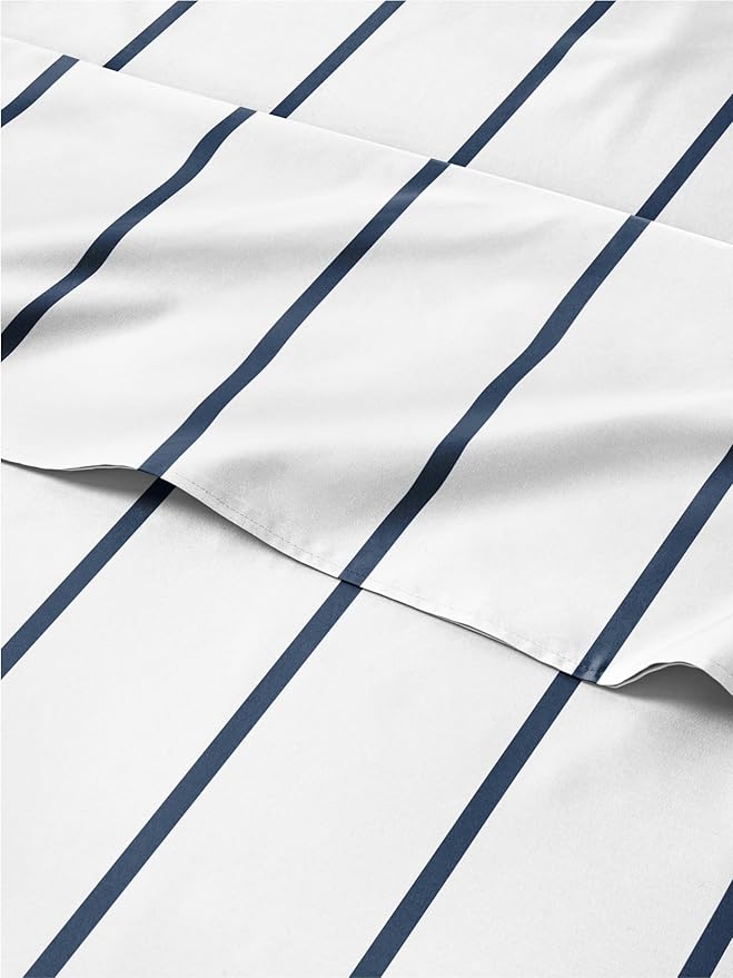 Striped Sheets - Navy Blue & White Striped Sheets - 1 Flat & 1 Fitted & 1 Pillowcase w/ Deep Pockets – Wrinkle & Fade Free - Soft Breathable & Cooling – Luxury Pinstripe Bedding - Twin XL Size Bed Set