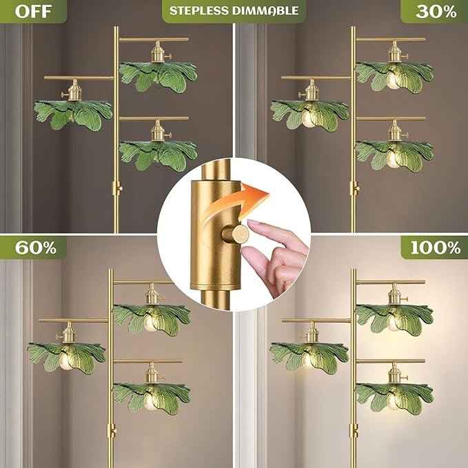 Dimmable Floor lamp 3 Light mid Century Modern Tall Floor lamp Standing Lamps Green Glass Floor Lamps 65" Gold Tall lamp for Living Room Corner Bedroom Farmhouse