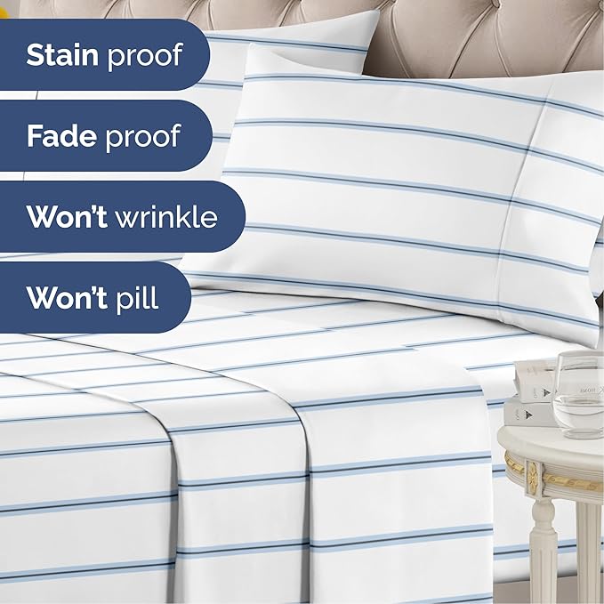 Striped Sheets - Blue & White Striped Sheets - 1 Flat & 1 Fitted & 2 Pillowcases w/ Deep Pockets – Wrinkle & Fade Free- Ultra-Soft, Breathable & Cooling - Full Size Bed Set – Luxury Pinstripe Bed Set