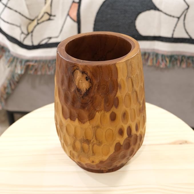 Teak Wooden Handcrafted Vase 6.7" x 6.7" x 9.5"H Natural Wood Pot Handmade Rustic Flower Holder for Entry Table Brown Stain Vintage Artworks Planter for Living Room Home Christmas Décor
