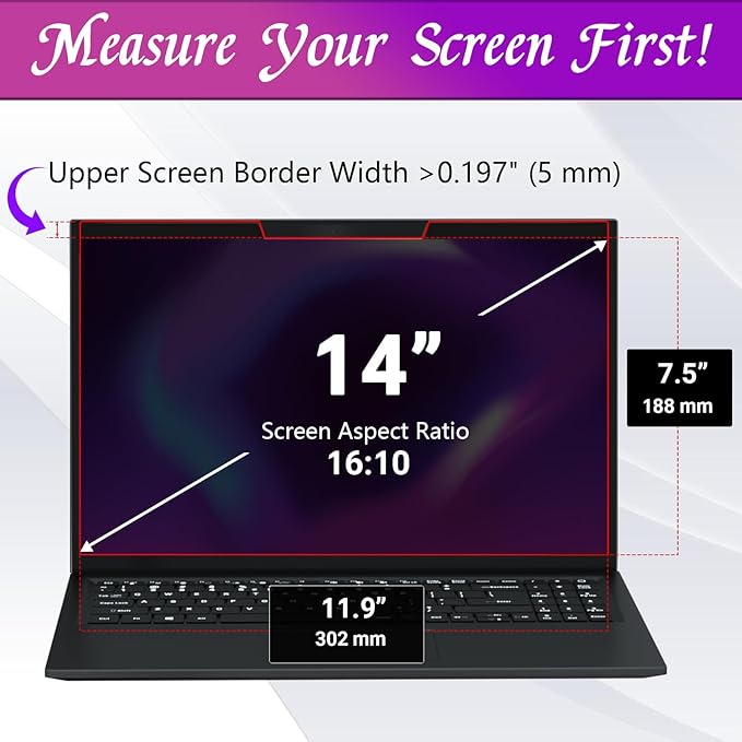 PYS 14 Inch 16:10 Magnetic Laptop Privacy Screen, Anti-Glare Blue Light Filter, Removable Privacy Shield for Lenovo, HP, Dell