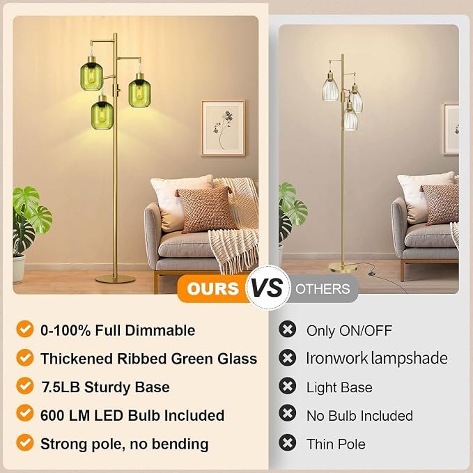 Glass Floor Lamps for Living Room, Modern Standing Lamps with Green Shade, Dimmable Green Tall Floor Lamp, Mid Century Gold 3 Lights Tall Tree Lamp with 3 LED Bulbs