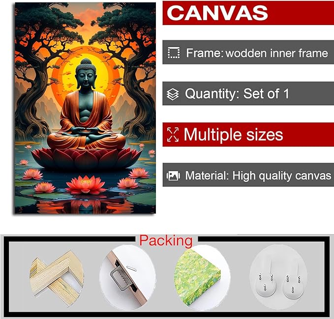 Canvas wall art Golden Buddha on lotus at sunset Ancient trees with reflections on water Serene meditation scene Uplifting wall art for mindfulness and tranquil home decor 20x30in Wood Framed