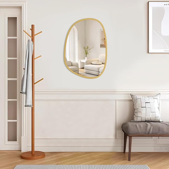 Gold Irregular Hanging Wall Mirror Wooden Framed Modern Asymmetrical Mirrors for Wall Artistic Decorative Mirror Wall Decor Mirror for Bedroom Bathroom Living Room Large 20"x16"