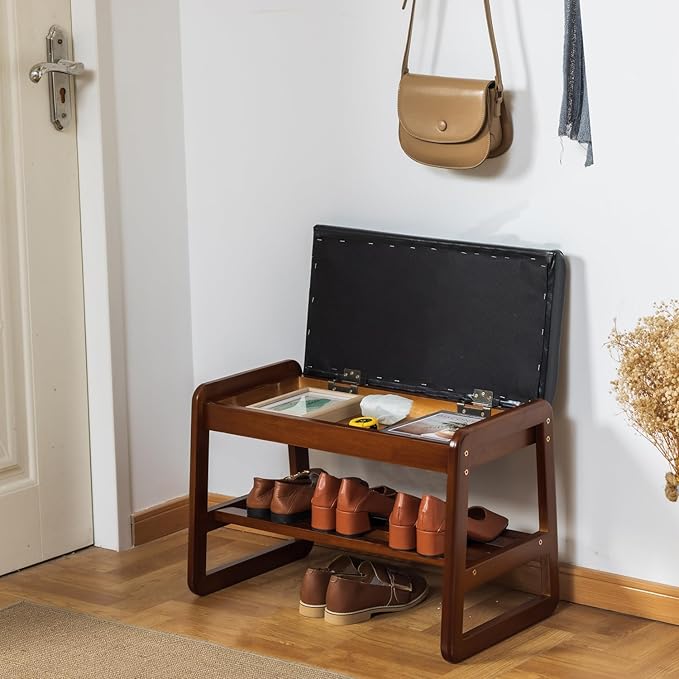 SOBIBO Solid Wood Shoe Bench, 2-Tier Entryway Bench with Cushion and Flip-Open Storage Box, Mid-Century Modern Shoe Bench Rack for Hallway, Mudroom(Black, 21.65'')