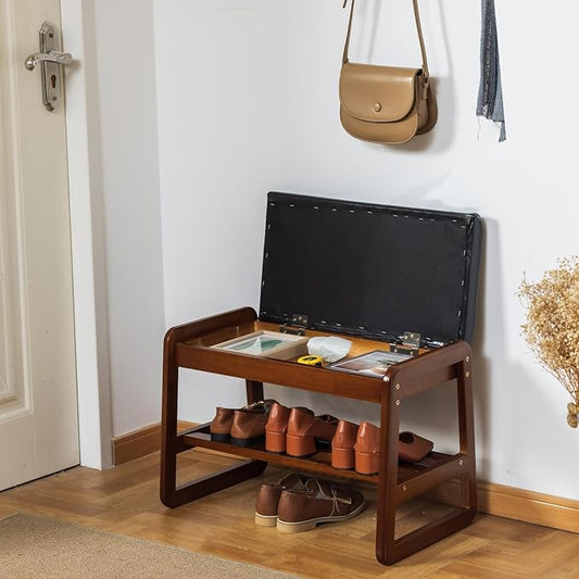 SOBIBO Solid Wood Shoe Bench, 2-Tier Entryway Bench with Cushion and Flip-Open Storage Box, Mid-Century Modern Shoe Bench Rack for Hallway, Mudroom(Black, 21.65'')