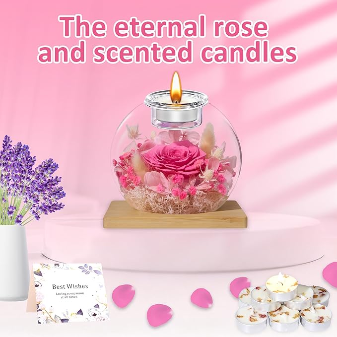 DEEMEI Gifts for Women Christmas Birthday Gifts for Women Preserved Real Rose in Glass Dome with Scented Fresh Flowers for Delivery Prime Eternal for Her Mom Grandma Wife Girlfriend Sister, Pink