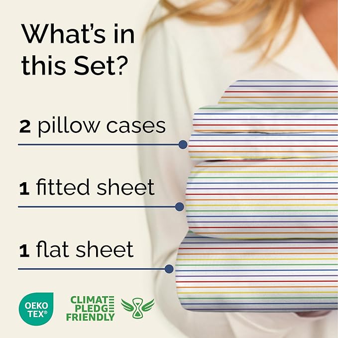 Rainbow Striped Sheet Set - Colorful Striped Bed Set - 1 Flat & 1 Fitted Sheet & 2 Pillowcases w/ Deep Pockets - Wrinkle & Fade Resistant - Soft, Breathable and Cooling - Rainbow Bedding - Full Size