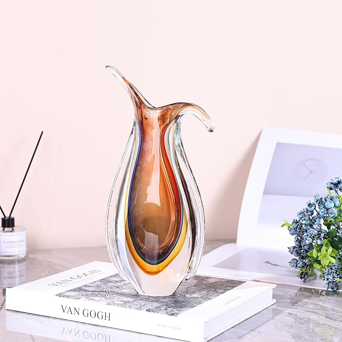 Amber Hand Blown Glass Vase – Oval Decorative Art Glass for Centerpieces, Murano Inspired Decor for Dining Room, Entryway Table, or Shelf, Handmade Glass Vase for Home Display (Red Yellow)