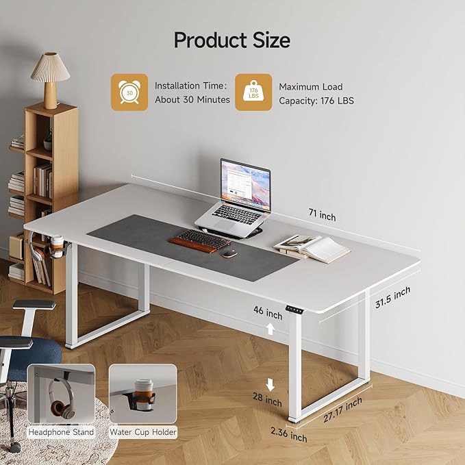 ONBRILL Standing Desk, 71x32 Inches Rectangle Stand Up Desk with 4 Legs, Dual Motor and Memory Controller, Adjustable Height from 28-46 Inches for Home and Computer Workstation, White