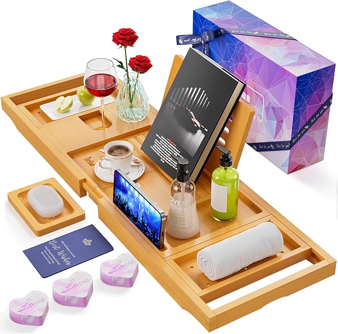 Lux Expandable Bathtub Tray Caddy with 3 Bath Bombs-Self Care and Relaxation Birthday Gifts for Women and Men, Housewarming Gift Idea, for Mom Sister Daughter Wife