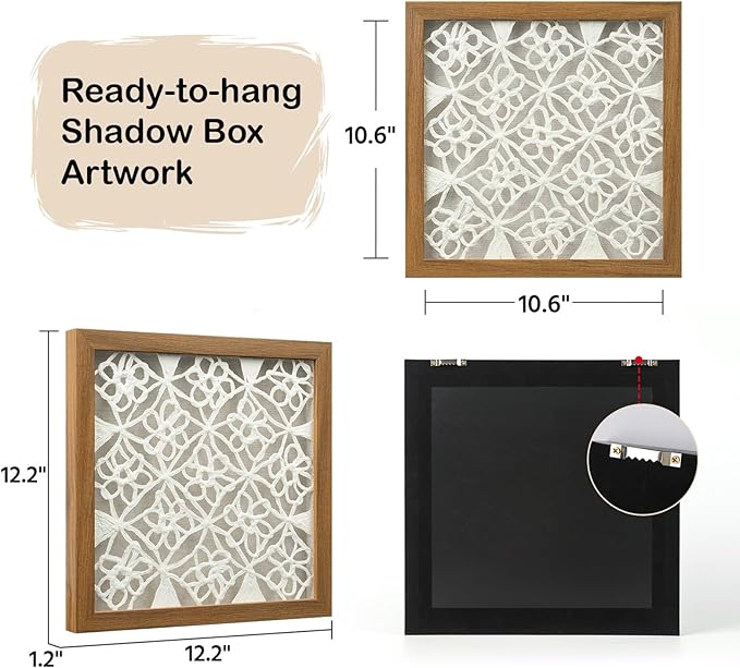 FOLKOR Handmade Paper Wall Art for Rustic Farmhouse Boho Room Aesthetics, 12" Framed Abstract Shadow Box Art Decor, Lattice Hanging Artwork Eclectic Decor for Apartment Nursery Hallway Above Desk Bed