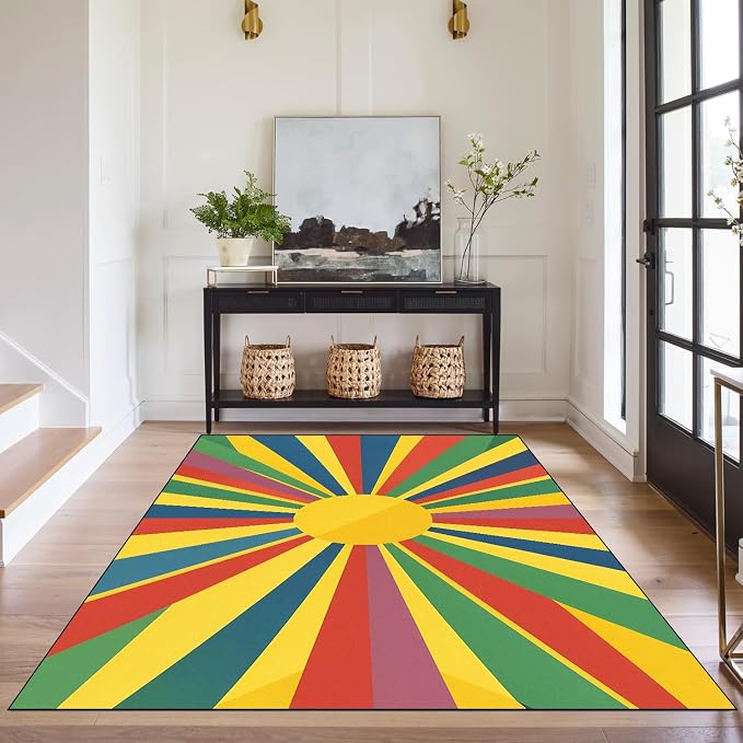 Rainbow Sunburst Area Rug Colorful Geometric Sun Carpet Soft Non-Slip Washable Floor Mat for Entryway Bedroom Living Room Nursery Playroom Classroom Home Decor,3'x5'