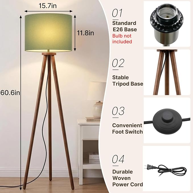 Buruis 60.6" Solid Wood Tripod Floor Lamp with 15.7" Large Linen Shade, Mid-Century Walnut Finish Standing Lamp for Living Room, Bedroom, Office, Corner, UL Listed, Bulb Not Included, Green