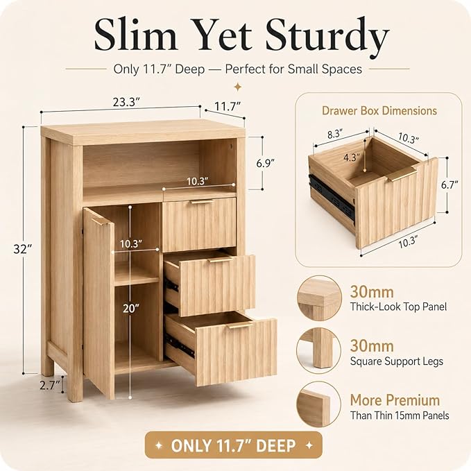 VINGLI Bathroom Storage Cabinet with 3 Drawers & Door, Slim Freestanding Floor Cabinet Organizer for Small Spaces, 30mm Thick-Look Top & Legs, Adjustable Shelf, Modern Fluted Cabinet, Natural Oak