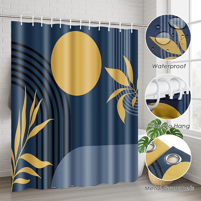Boho Mid Century Shower Curtain Set with Toilet Lid Cover and Non-Slip Rugs, Abstract Geometric Dark Blue 4 Pcs Modern Minimalist Shower Curtain for Bathroom Set with 12 Hooks