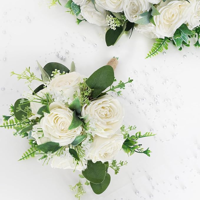 White Bridesmaid Bouquets for Wedding - 7 Inch Ivory Artificial Flowers Bouquets for Ceremony Anniversary Centerpieces Decorations