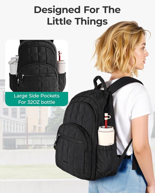 BAGSMART College Laptop Backpack - Water-Resistant Quilted Daypack for 15.6" Laptops | Black