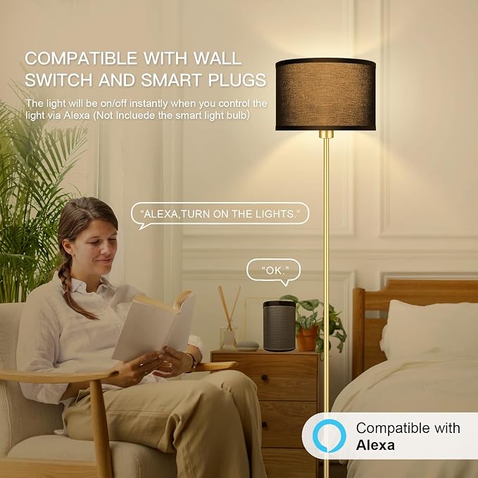 Gold Floor Lamps for Living Room, Modern Bright Standing Lamp, Black Lamp Shades, Foot Switch, Simple Pole Lamps Corner Lamp for Bedroom,Office, Living Room, Den, Black Living Room Lamp(No Bulb)