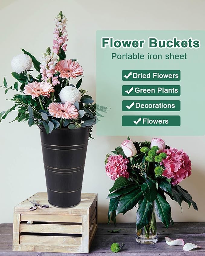 12 Inch Galvanized Metal Vases for Flowers - 6 Pcs Farmhouse Decorative Tall Flower Bucket with Handles, Rustic French Tin Planter Buckets for Wedding Decor (Black)