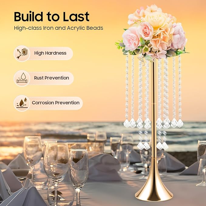 10 Pack Acrylic Crystal Flower Vases, Trumpet Shape Centerpiece with Hand-Strung Beads, Flower Stand Wedding Centerpieces on Floor for Wedding Aisle Decor, Event Centerpieces Decoration (Gold)