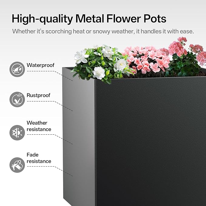 Metal Planter Box, 20" x 20"x 20", Heavy-Duty Galvanized Steel Outdoor Planter with Drainage Holes, Rectangular Planter for porches, Gardens, patios, and courtyards，Black