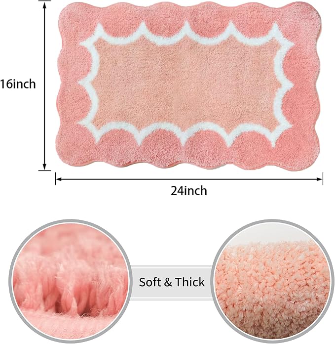 Scalloped Coral Pink Bathroom Rugs Mat,Non Slip Absorbent Quick Dry Bath Mats for Shower Room,Plush Microfiber Bath Rug for Bathroom Floor Washable Carpet for Shower Tub Sink Bedroom,16"x24"