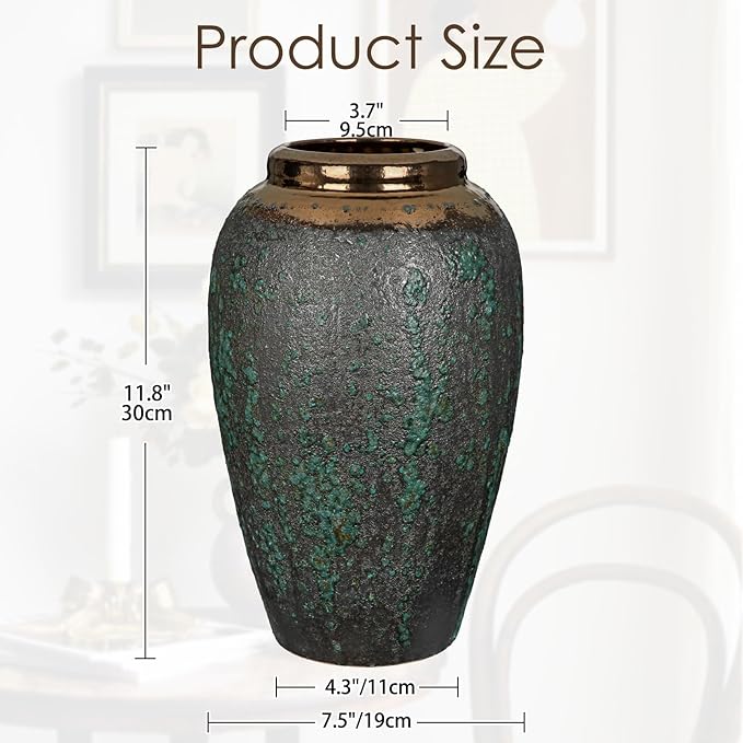 Ceramic Flower Vase, 12" Rustic Farmhouse Flower Vase with Wide Bronze Mouth, Vintage Tall Terracotta Vase for Home, Office, Living Room, Table, Shelf, Mantel Decoration