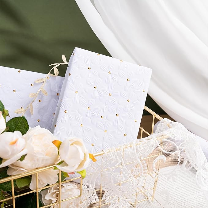 RUSPEPA White Wrapping Paper Roll, Mini Roll, Flower with Gold Dot Design Perfect for Wedding, Birthday, Anniversary, Bridal Shower, 17 Inches x 16.4 Feet
