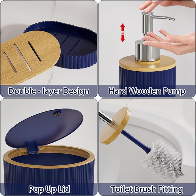 Navy Blue Bathroom Accessories Set 25 PCS, Bathroom Decor Set with Shower Curtain and Rugs, Trash Can, 2 Soap Dispensers, Toothbrush Holder, Tumbler, Soap Dish and Tray