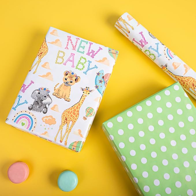 Altarho Reversible Baby Shower Wrapping Paper for Kids Girls Boys - 17 Inch x 33 Feet - Lion Giraffe Animals & New Baby Design for Neutral Baby Shower Party Birthday Holiday