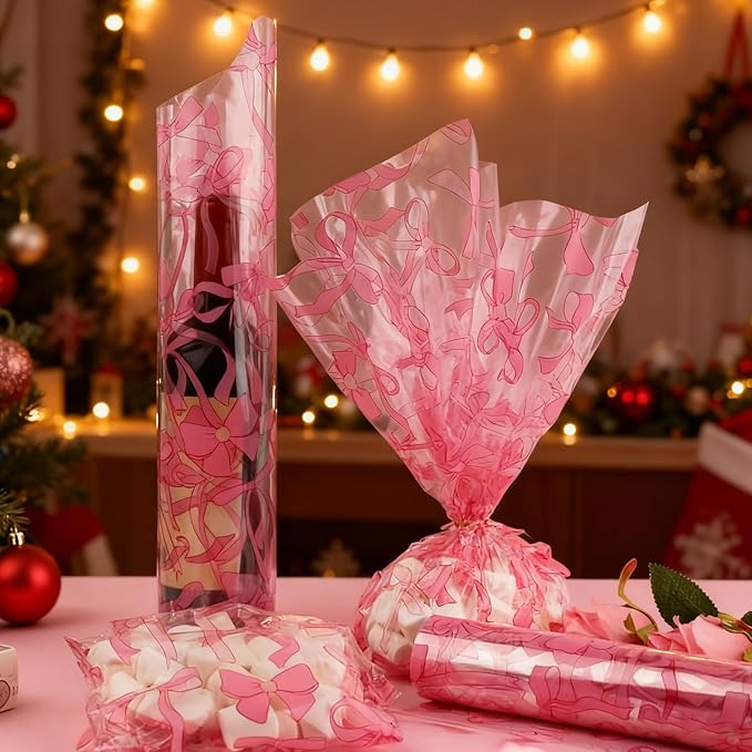 Motroce Clear Cellophane Wrap Roll, 100 Ft x 16 In Pink Bow Florist Paper Wrapper, Transparent 3Mil Thicker Cellophane Roll, Gift Baskets Wrap Cellophane Film for Gifts, Flowers, Christmas Wrapping