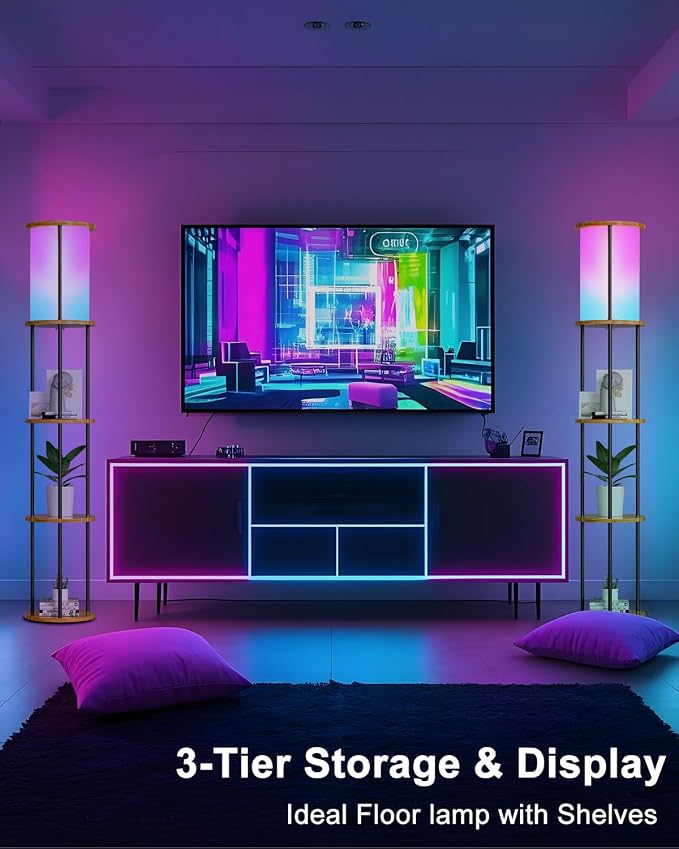 Lightdot 61" RGB Floor Lamp with Shelves, 3-Tier Storage Smart Remote Control Standing Lamp with Fabric Shade, Bulb Included, Dimmable Floor Lamps for Living Room/Sofa Beside/Corner Decor (Black)