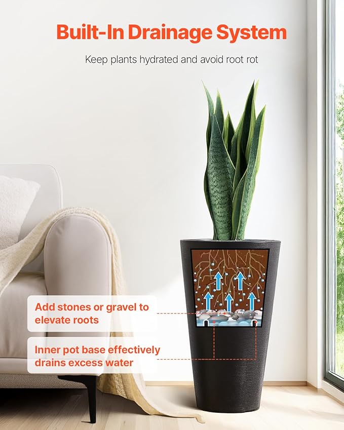 VEVOR Set of 2 Tall Planter for Outdoor Indoor Plants 24inch, Black Round Large Planters for Front Porch, Patio, Tall Taper Flower Tree Plant Pots with Modern Design and Built-in Drainage