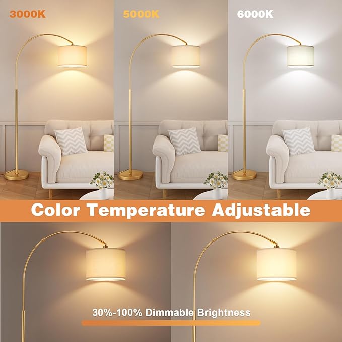 Ambimall Dimmable Arc Floor Lamp with Remote, Color Temperatures and Brightness Adjustable, Arched Floor Lamp with Rotating Head, Over Couch Arched Reading Light for Living Room (Deep Beige and Gold)