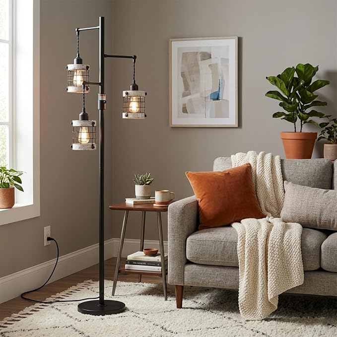 3-Lights Floor Lamp with Metal Wood Cage Lampshades, Vintage Standing Lamp for Living Room, Dimmable Tall Lamp for Bedroom, Industrial Tall Floor Lamps Rustic Corner Lamp for Reading Home Decor