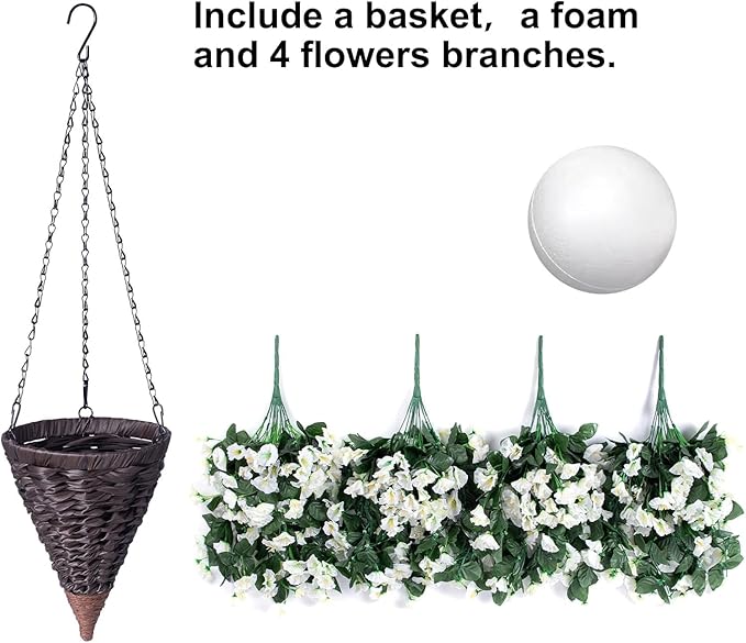 HyeFlora Artificial Faux Hanging White Flowers Plants Basket for Outdoor Outside Christmas Winter Decor, Fake UV Resistant Realistic Morning Glory Flowers for Porch Home Balcony Yard Patio Decoration