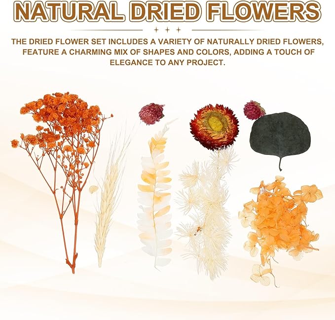 uxcell Natural Dried Flower Set, Dried Pressed Flowers Dry Leaves Bulk Natural Plants Kit Dried Flower Bouquets for Scrapbooking Crafts Resin Jewelry Candle (Orange)