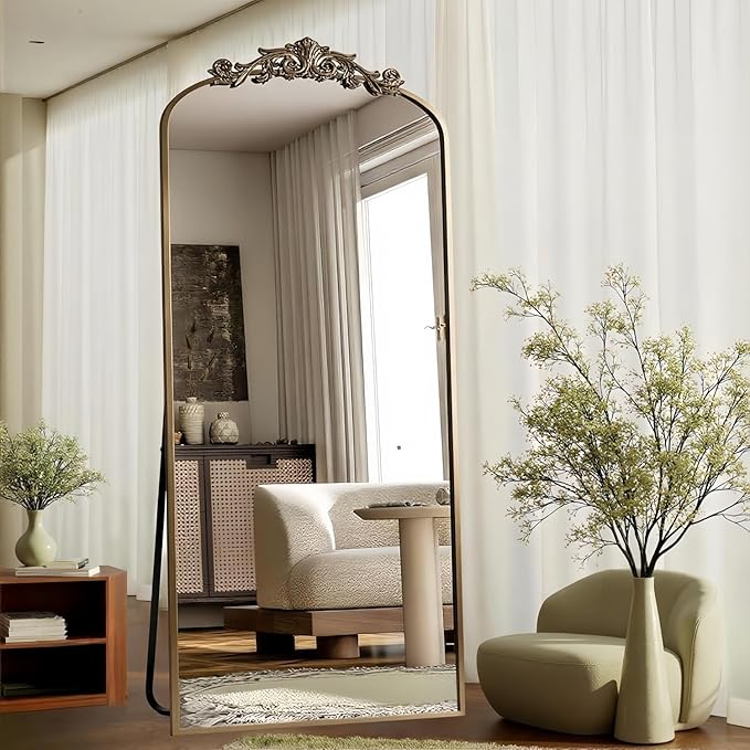 Dewfig Arched Full Length Mirror, 71"x28" Full Body Mirrors with Carved, Floor Mirror for HomeDecor, Standing/Halling Large Wall Mirror for Bedroom, Living Room, Cloakroom, Bronze, Retro Style