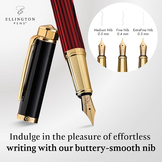 Ellington Pens Luxury Fountain Pen Set - Smooth Medium Nib - Includes 3 Ink Cartridges, Refillable Ink Converter, Gift Box-Fountain Pens For Writing, Calligraphy, Journaling, Sketching (Crimson Blend)
