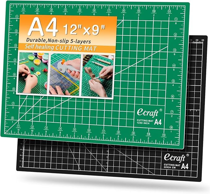 Ecraft Self Healing Sewing Mat - 9" x 12" Double Sided 5-Ply Cutting Mat for Craft, Sewing, Fabric,Quilting,Scrapbooking Project - Rotary Board Mats in Green/Black